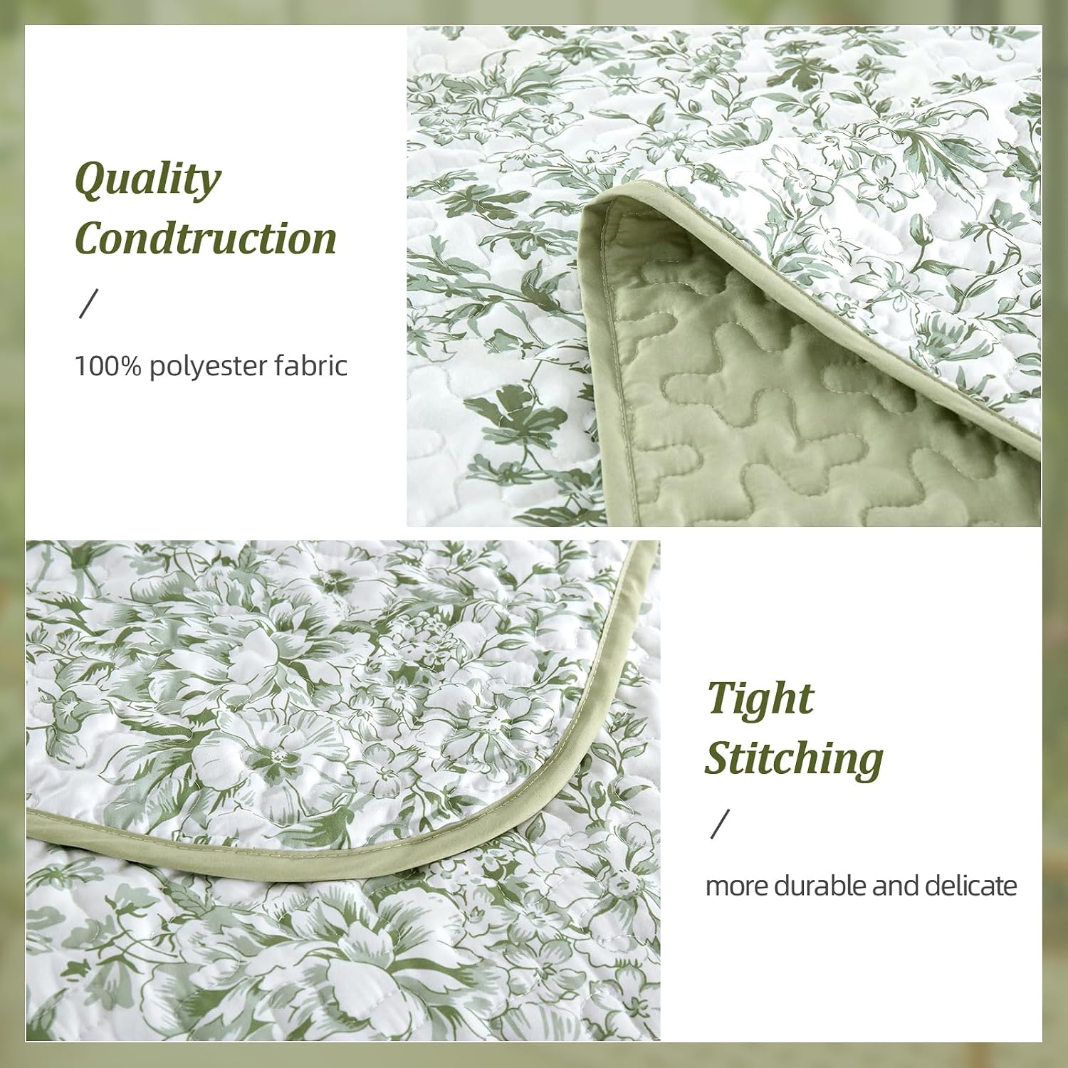 WONGS BEDDING Botanical King Size Quilt, 3 Pieces Bedspread Set, Sage Green | Floral Printed, Microfiber Coverlet, Breathable All-Season, Fits King 110x90, Perfect for Bedroom Guest Room Home Decor
